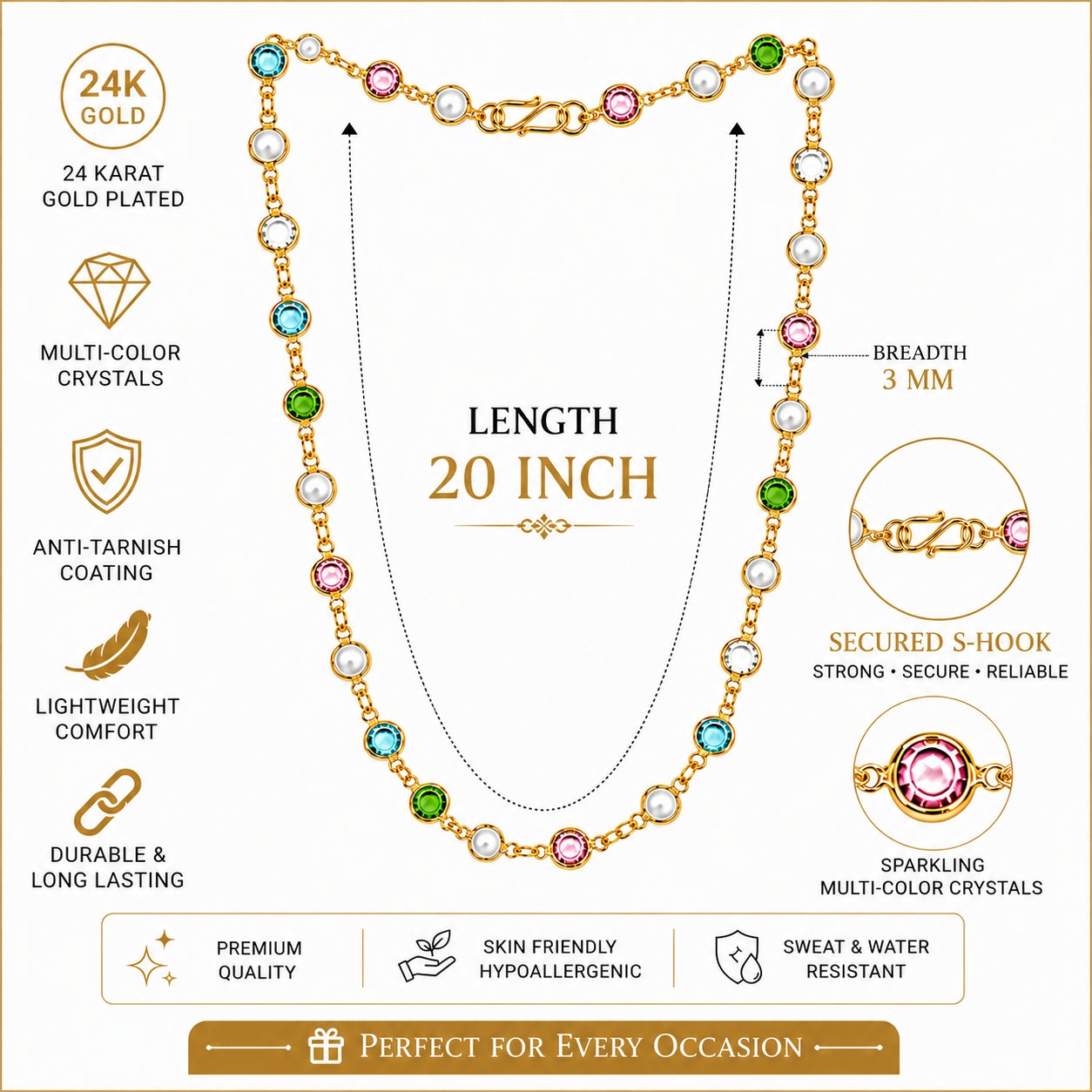 City Girl Jewellery 24K Gold Plated Multi-Color Crystal & Pearl Station Chain Necklace for Women | 20 Inch Lightweight Anti-Tarnish Fashion Chain with Secure S-Hook Closure