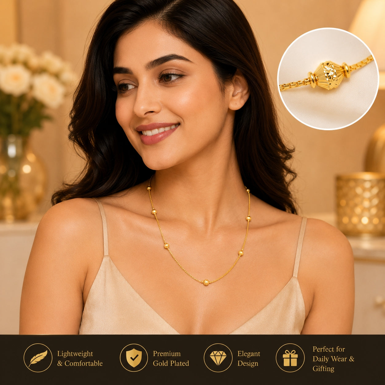 City Girl Jewellery 24 Inch Gold Plated Beaded Chain Necklace for Women | 6g Lightweight | Elegant Daily Wear Fashion Chain | Traditional & Casual Jewellery | Gift for Women & Girls