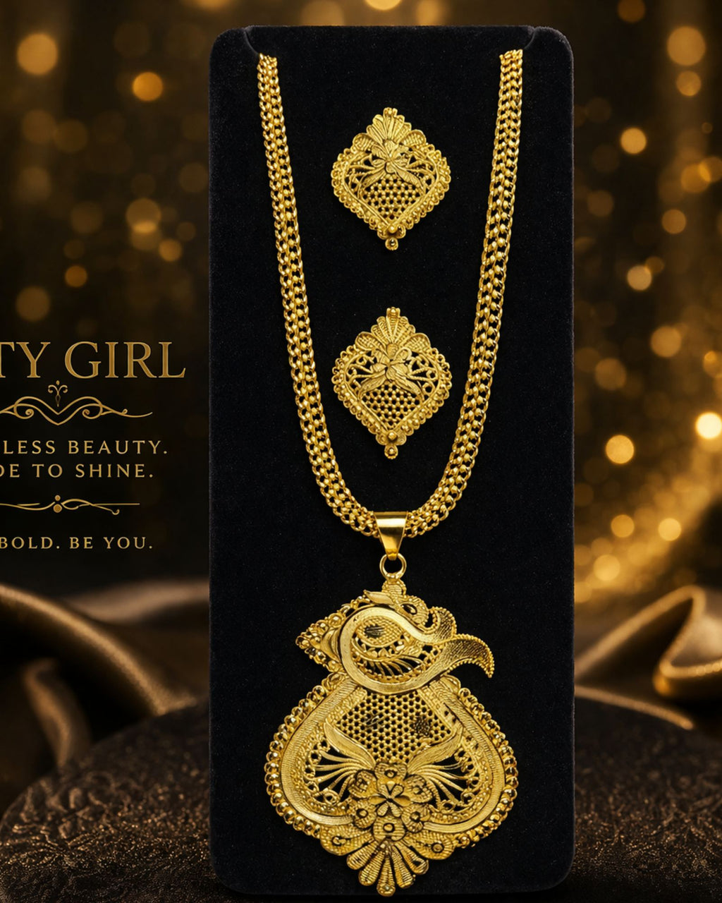 City Girl 24Ct Gold Plated Copper Jewellery Set for Women – Traditional Pendant Necklace with Matching Earrings | Wedding & Party Wear