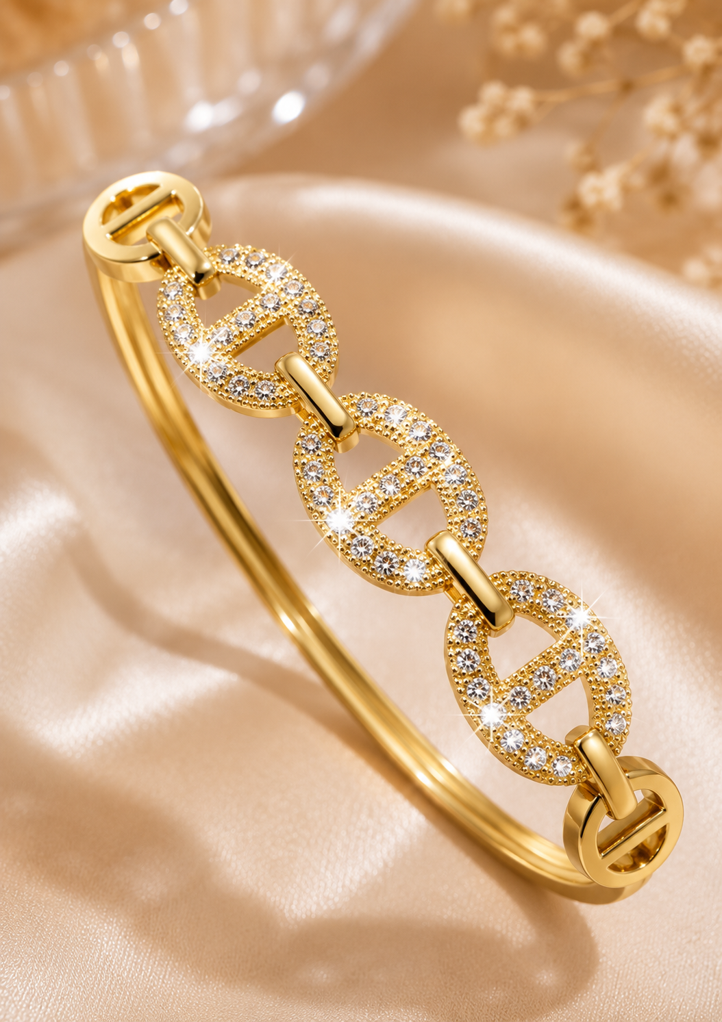 CITYGIRL 18K Gold Plated Openable Oval Bracelet for Women | American Diamond & Cubic Zirconia (CZ) Stone Kada | Anti Tarnish | Fits Sizes 2.4, 2.6 & 2.8 | Elegant Party & Daily Wear Jewellery
