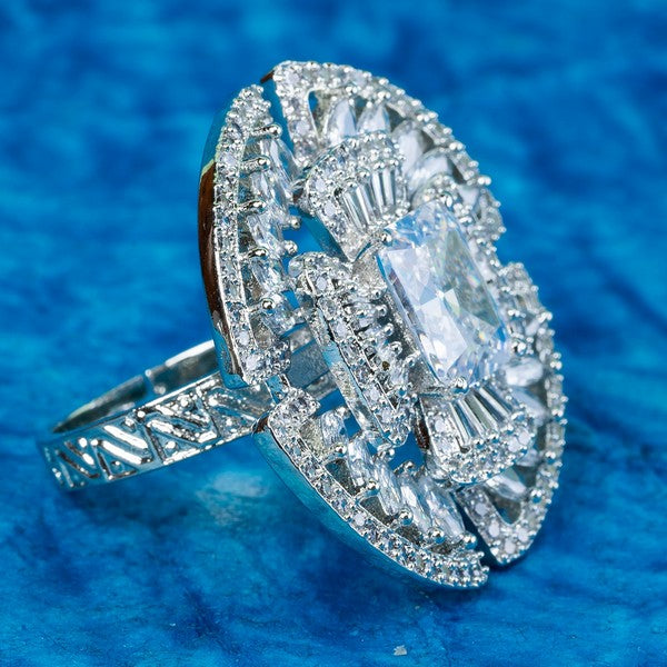 City Girl Brass Rhodium-Plated CZ Cocktail Circle Ring (Free Size)