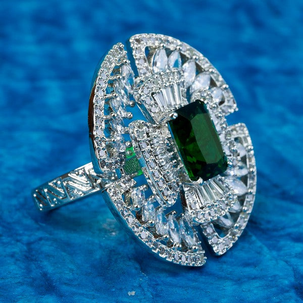 City Girl Brass Rhodium-Plated CZ Cocktail Circle Ring (Free Size)