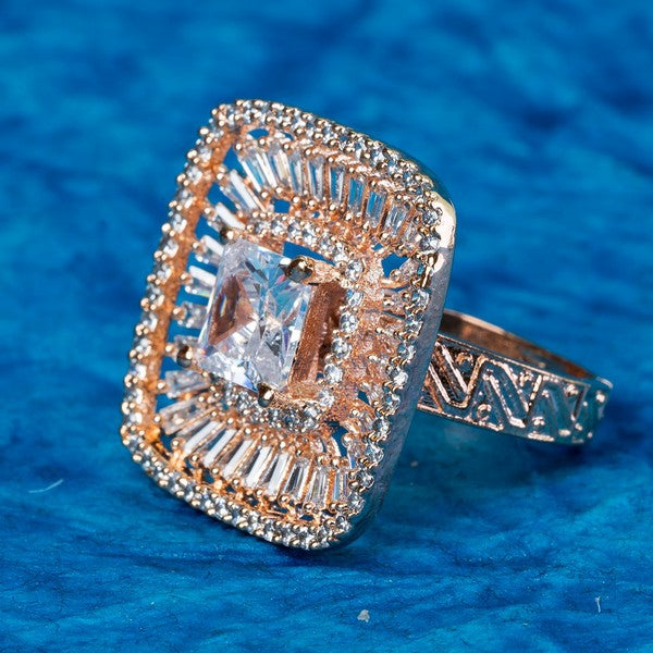 City Girl Brass Cz stone Studded Textured Rose Gold Plated Cocktail Finge Ring. (Free Size)