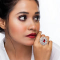City Girl Brass Rhodium-Plated CZ Cocktail Circle Ring (Free Size) (RED)