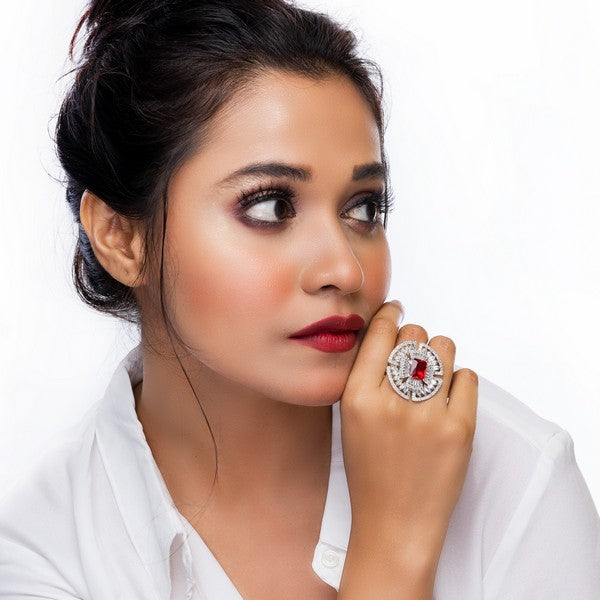 City Girl Brass Rhodium-Plated CZ Cocktail Circle Ring (Free Size)