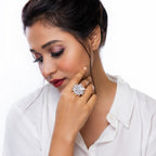 City Girl Brass Cz stone Studded Rhodium Plated Cocktail Finge Golden Leaf Ring. (Free Size)