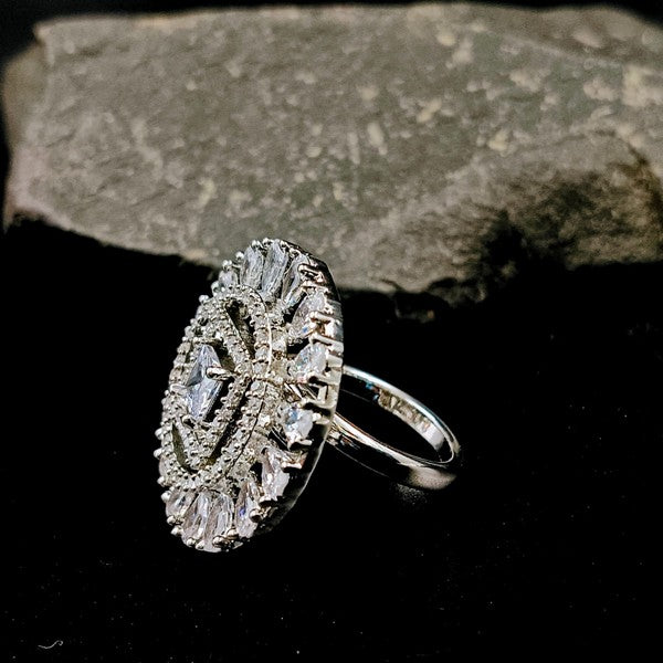 City Girl Brass Cz stone Studded Rhodium Plated Cocktail Finge Silver Round Ring. (Free Size)