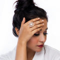 City Girl Brass Cz stone Studded Textured Rose Gold Plated Cocktail Finge Ring. (Free Size) rose gold
