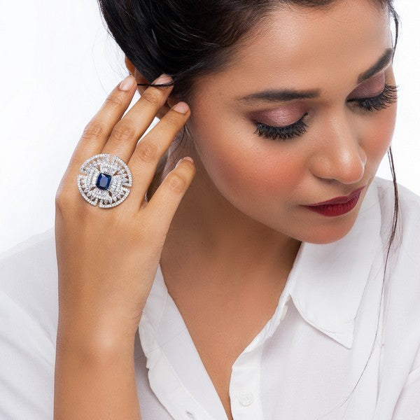 City Girl Brass Rhodium-Plated CZ Cocktail Circle Ring (Free Size)