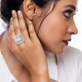 City Girl Brass Cz stone Studded Rhodium Plated Cocktail Finge Silver Stone Ring. (Free Size)