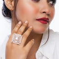 City Girl Brass Cz stone Studded Rose Gold Plated Cocktail Finge Wide Rose Gold Ring. (Free Size)