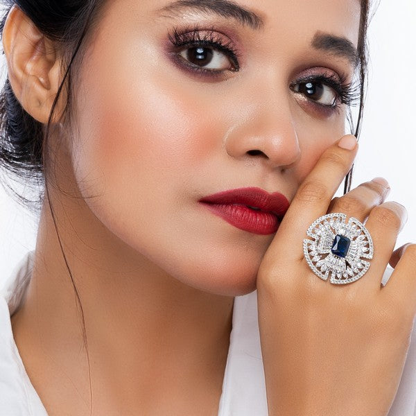 City Girl Brass Rhodium-Plated CZ Cocktail Circle Ring (Free Size)
