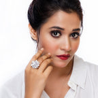 City Girl Brass Cz stone Studded Rhodium Plated Cocktail Finge Golden Leaf Ring. (Free Size)