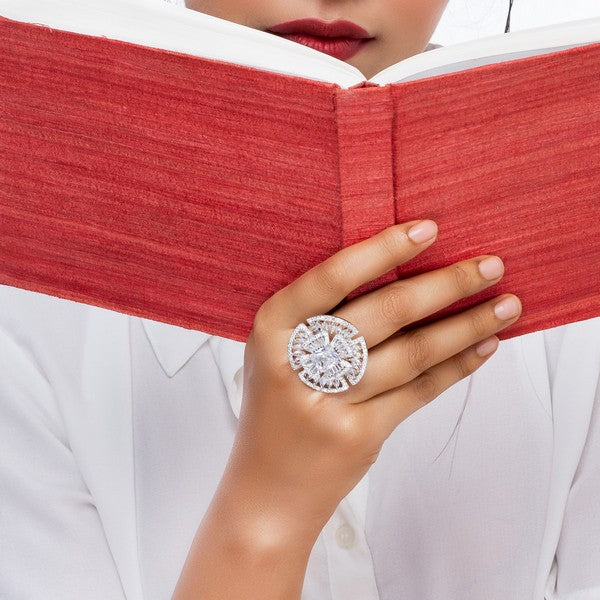 City Girl Brass Rhodium-Plated CZ Cocktail Circle Ring (Free Size)