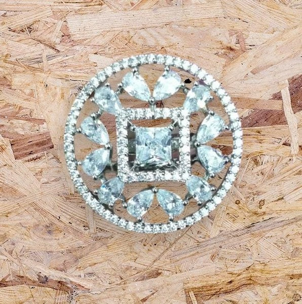 City Girl Brass Cz stone Studded Rhodium Plated Cocktail Finge Silver Round Ring. (Free Size)