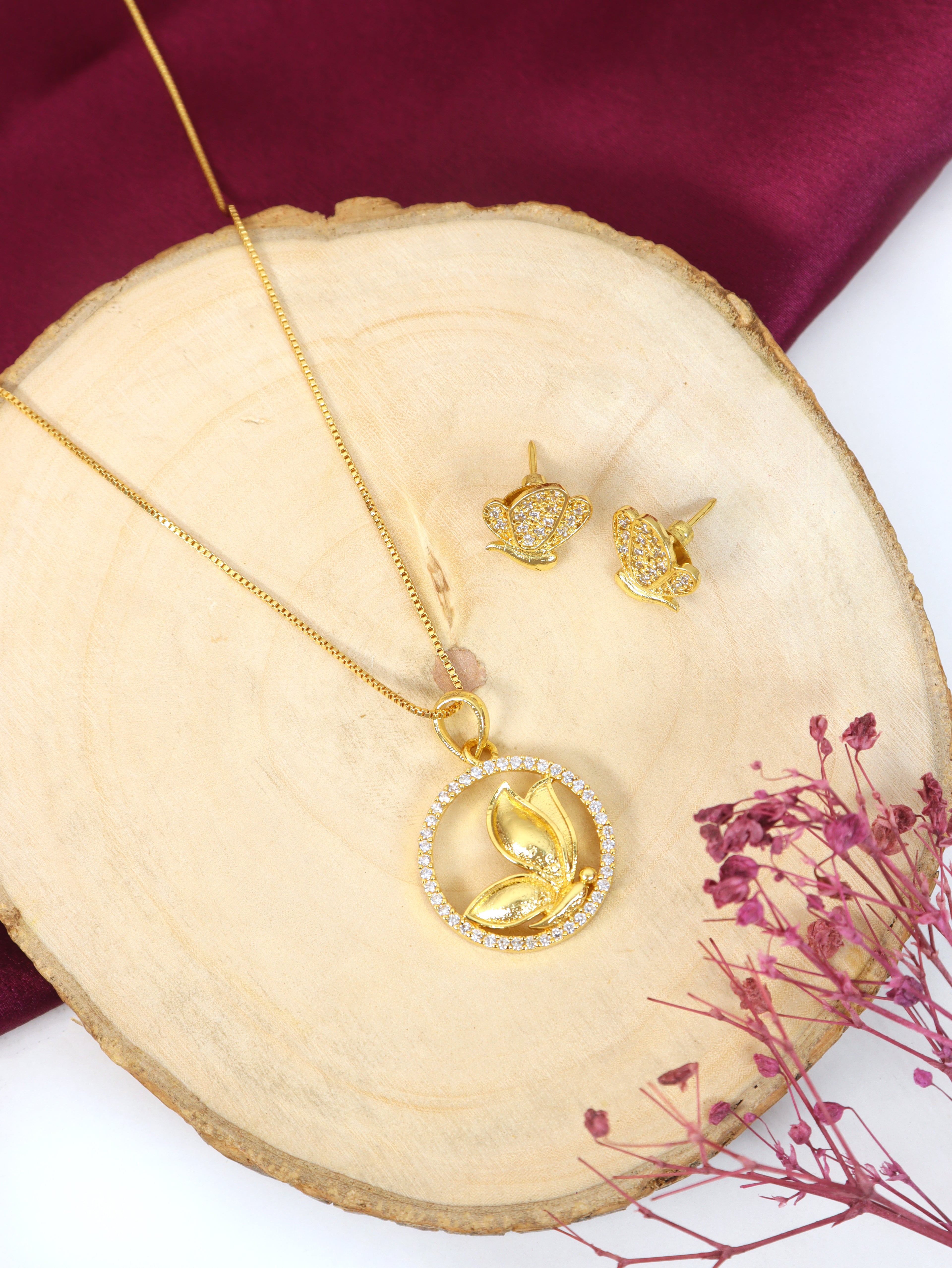 City Girl Cubic Zirconia 24CT Gold Plated Copper Minimalist Butterfly Pendant Set Set with Mathcing Earrings For Women and Girls.(AD LK SET 002)