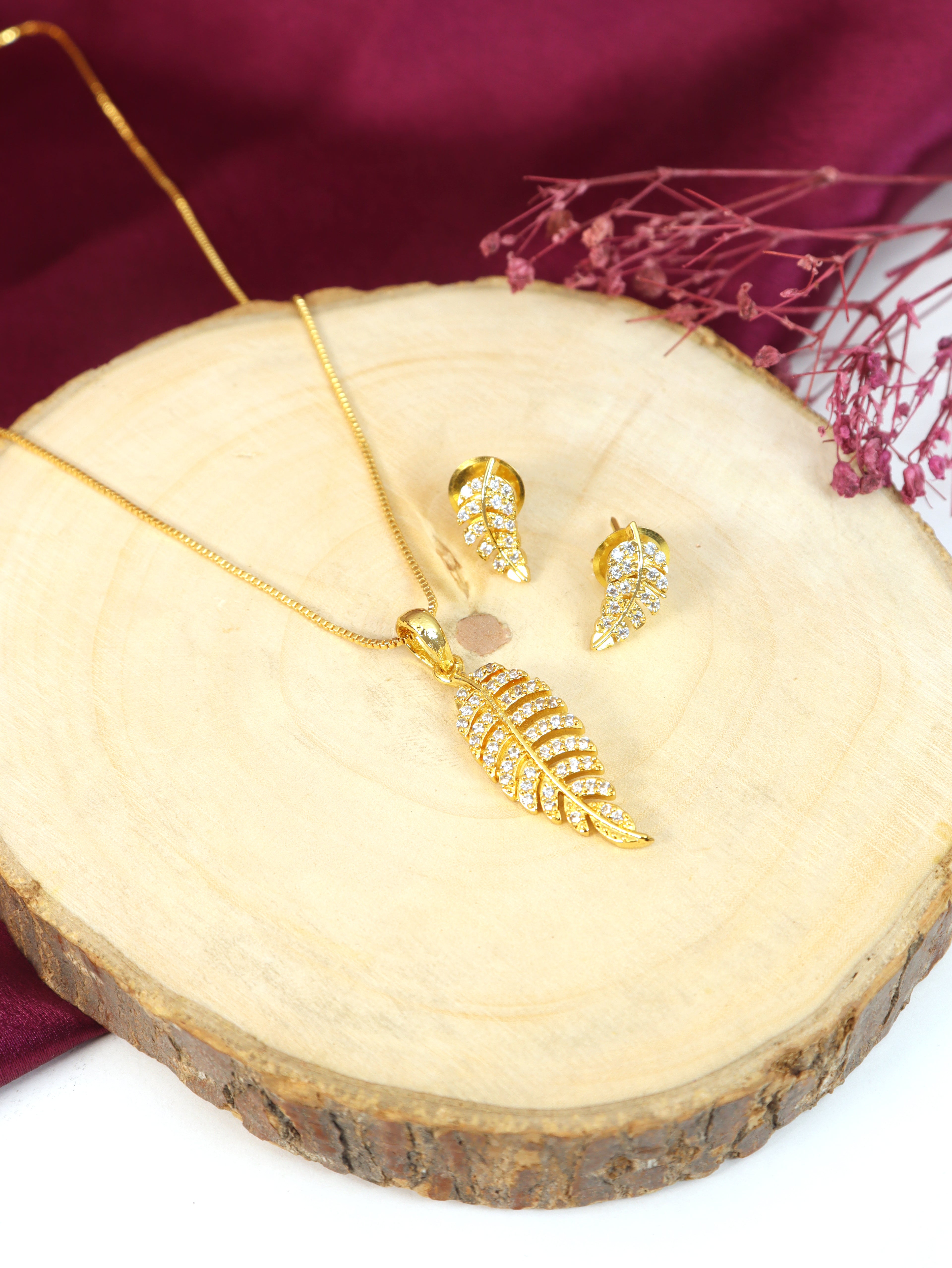 City Girl Cubic Zirconia 24CT Gold Plated Copper Minimalist Leaf Pendant Set With Mathcing Earrings For Women and Girls.(AD LK SET 005)