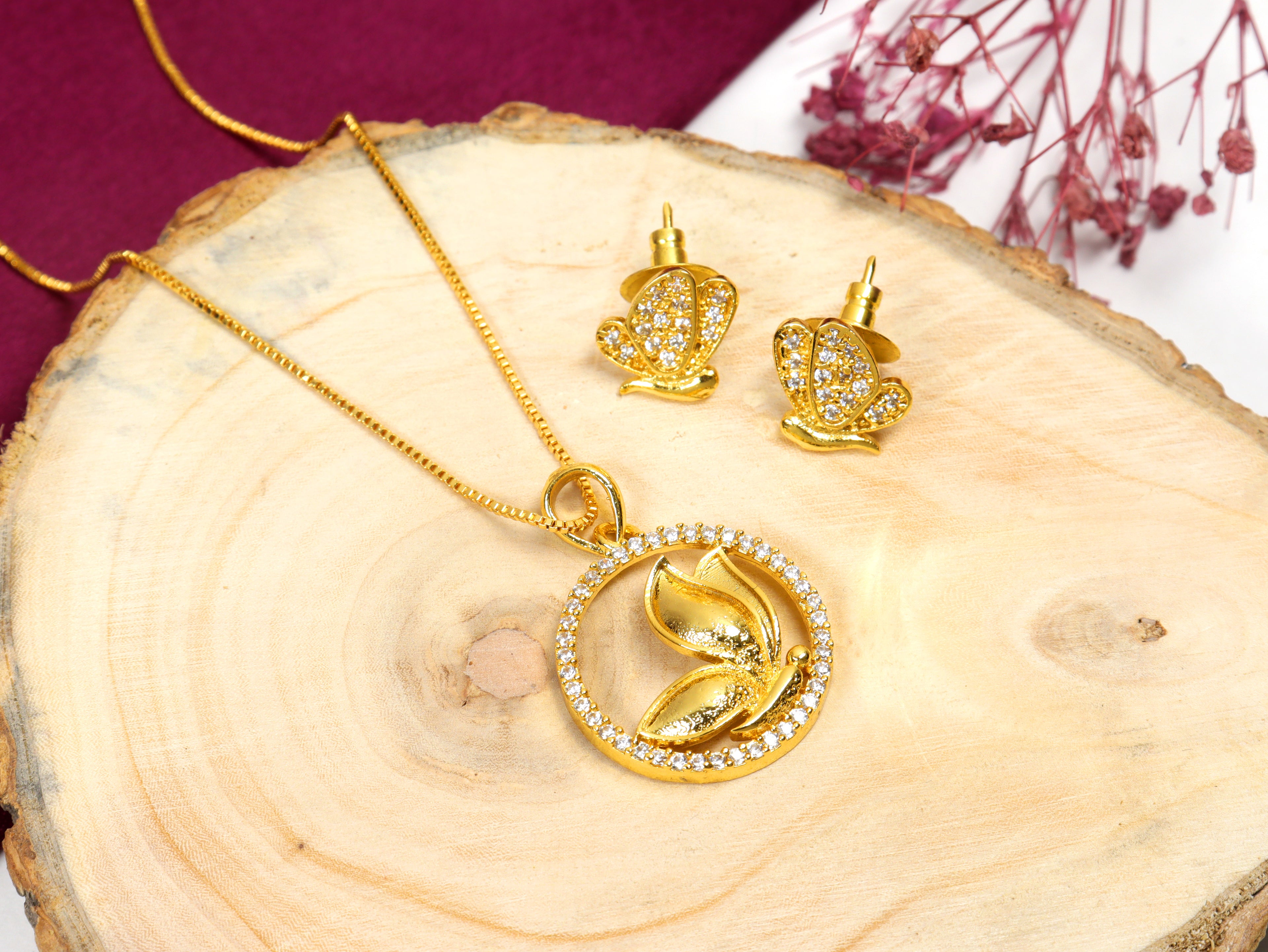 City Girl Cubic Zirconia 24CT Gold Plated Copper Minimalist Butterfly Pendant Set Set with Mathcing Earrings For Women and Girls.(AD LK SET 002)