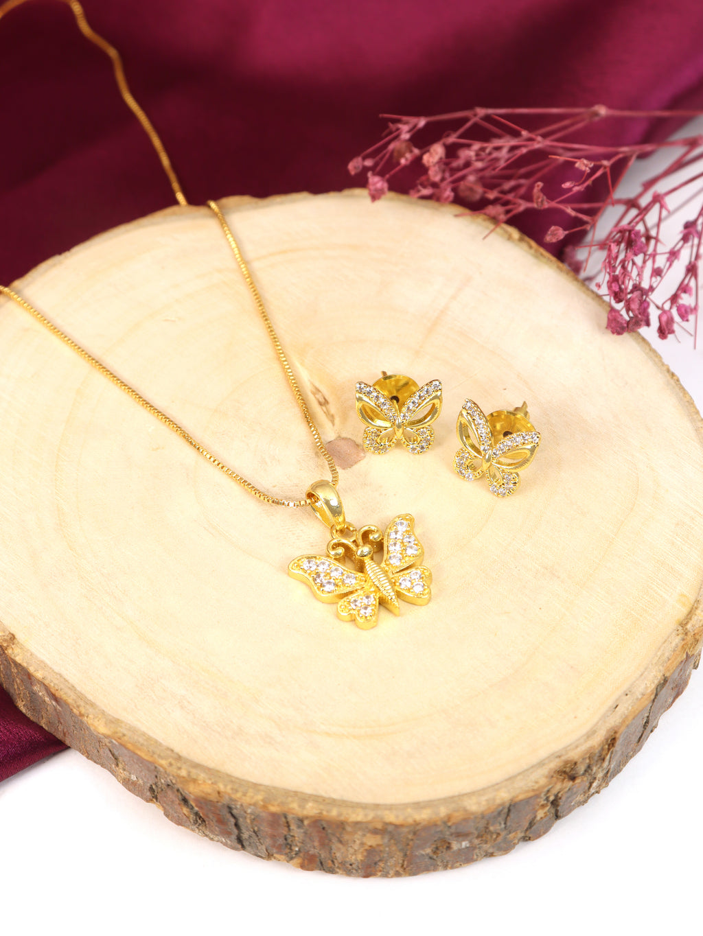 City Girl Cubic Zirconia 24CT Gold Plated Copper Minimalist Butterfly Pendant Set With Mathcing Earrings For Women and Girls.(AD LK SET 006)