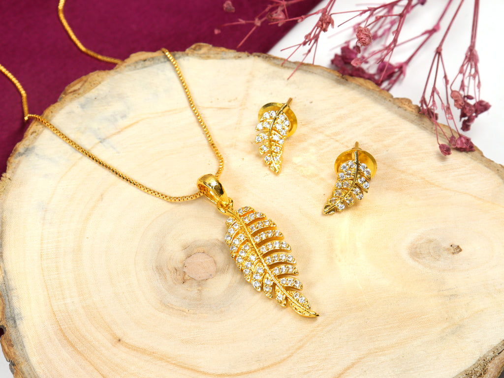 City Girl Cubic Zirconia 24CT Gold Plated Copper Minimalist Leaf Pendant Set With Mathcing Earrings For Women and Girls.(AD LK SET 005)