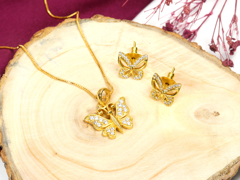 City Girl Cubic Zirconia 24CT Gold Plated Copper Minimalist Butterfly Pendant Set With Mathcing Earrings For Women and Girls.(AD LK SET 006)