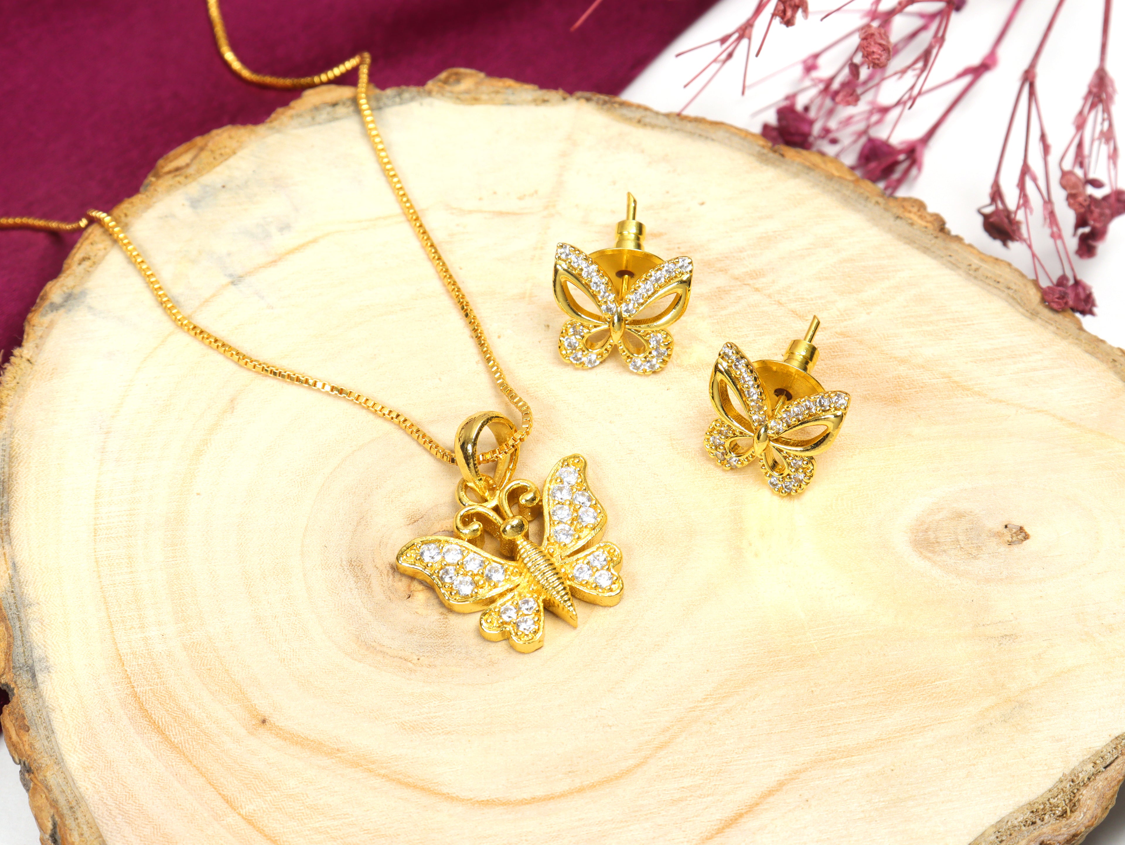 City Girl Cubic Zirconia 24CT Gold Plated Copper Minimalist Butterfly Pendant Set With Mathcing Earrings For Women and Girls.(AD LK SET 006)