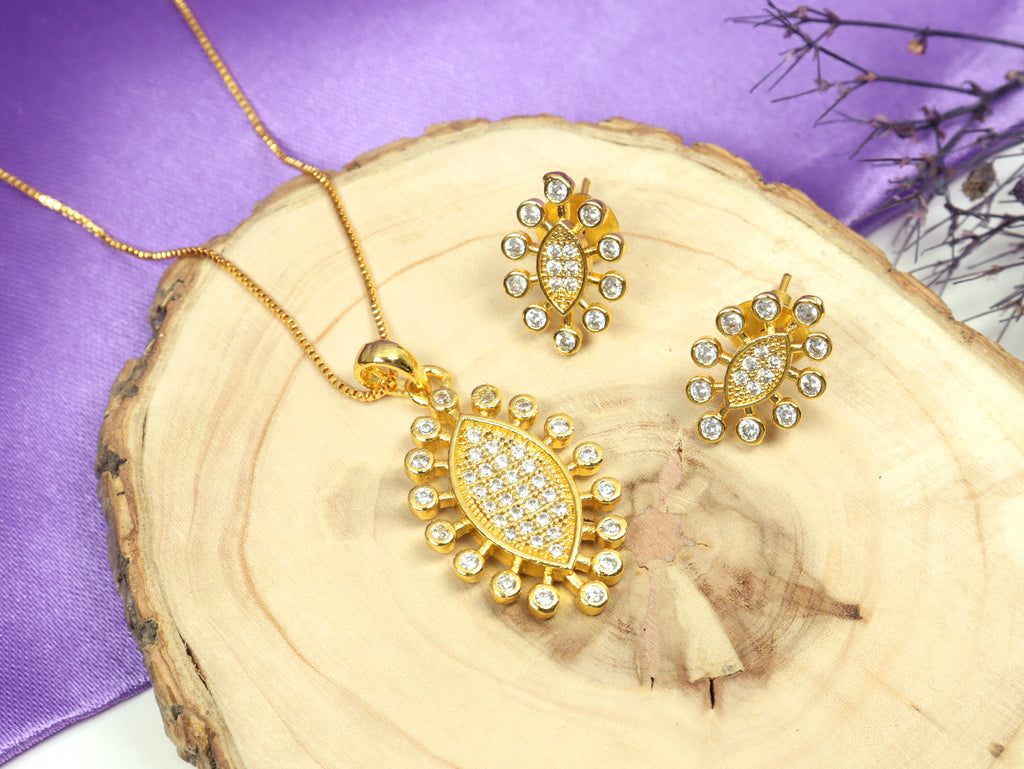 City Girl Cubic Zirconia 24CT Gold Plated Copper Minimalist Pendant Set With Mathcing Earrings For Women and Girls.(AD LK SET 003)