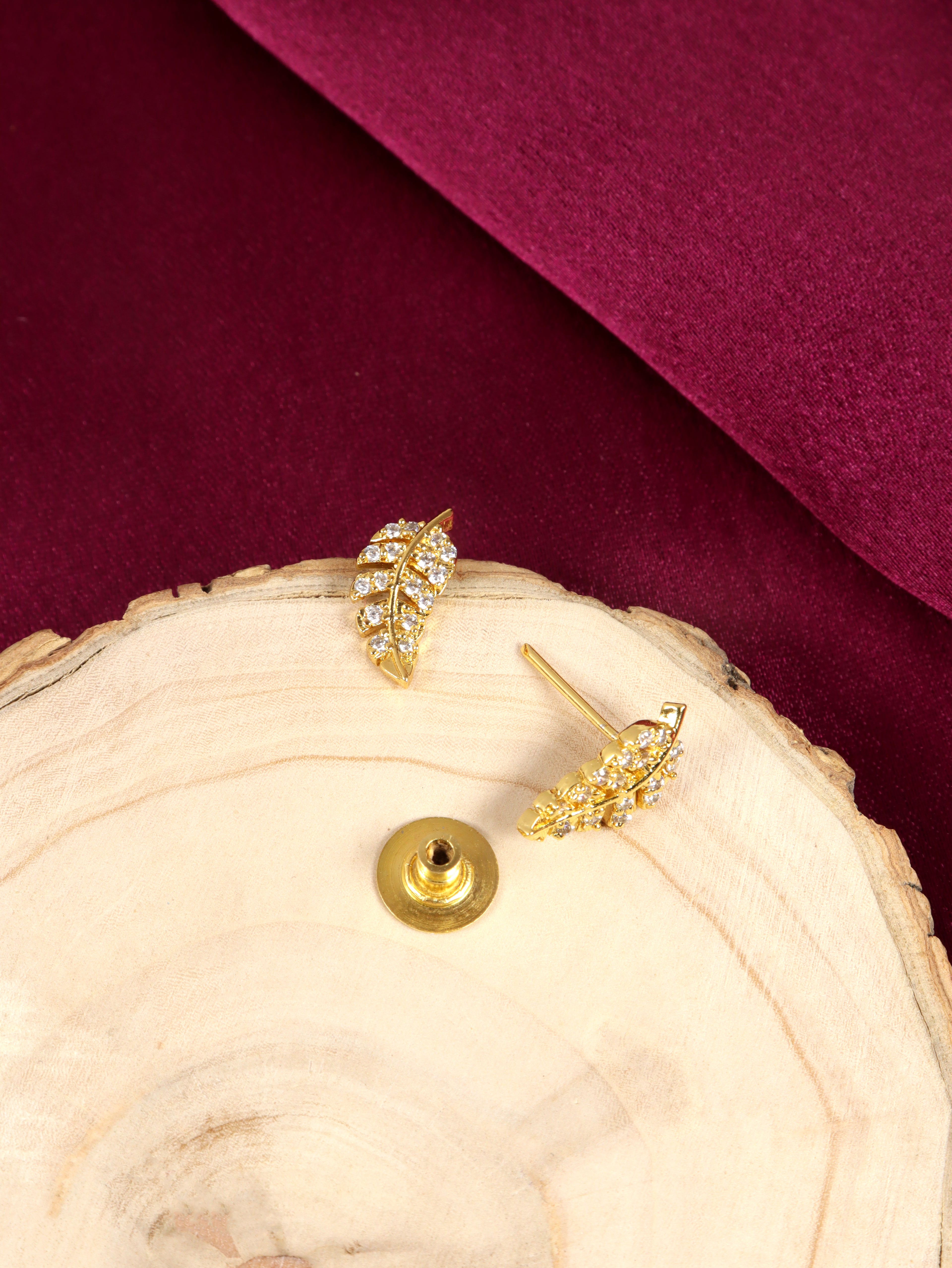 City Girl Cubic Zirconia 24CT Gold Plated Copper Minimalist Leaf Pendant Set With Mathcing Earrings For Women and Girls.(AD LK SET 005)
