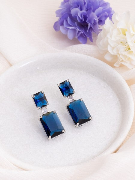 American Diamond Rhodium Plated Box Shape Earrings With Hydro CZ Stone