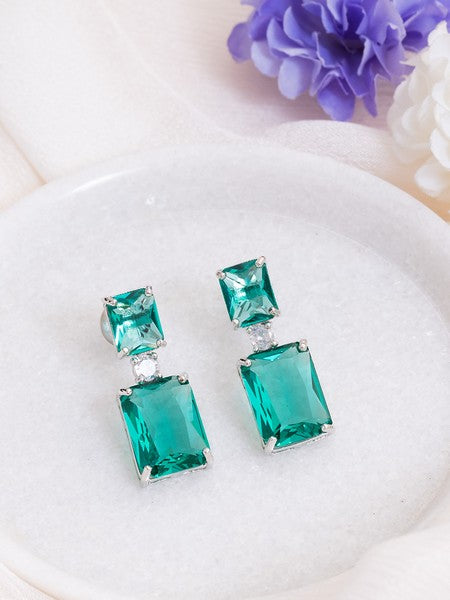 American Diamond Rhodium Plated Box Shape Earrings With Hydro CZ Stone