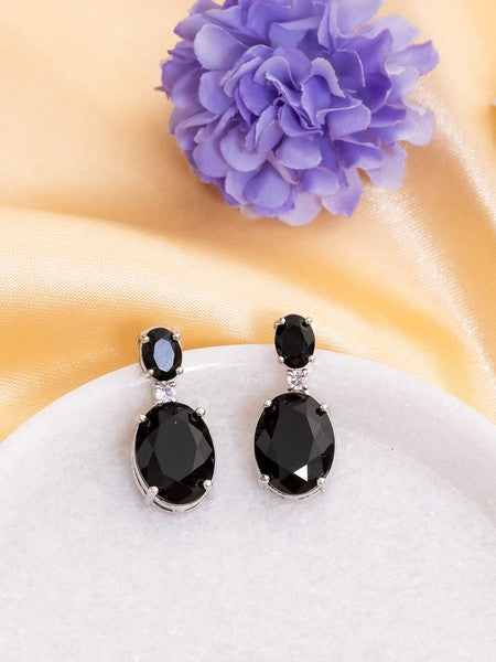 American Diamond Rhodium Plated Oval Shaped Earrings With Hydro CZ Stone