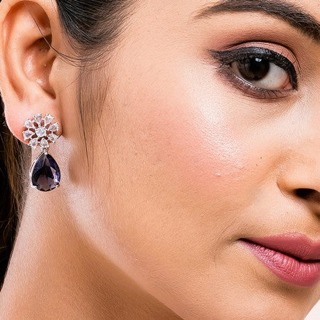 American Diamond Rhodium Plated Multi Stone Cluster Earrings With Hydro CZ Stone