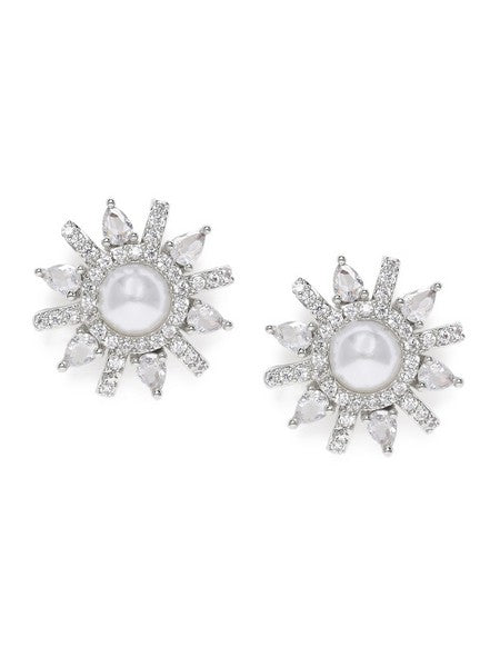 American Diamond Rhodium Plated Studs With Pearls n Cz Stone.