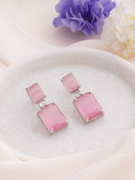 American Diamond Rhodium Plated Box Shape Earrings With Hydro CZ Stone