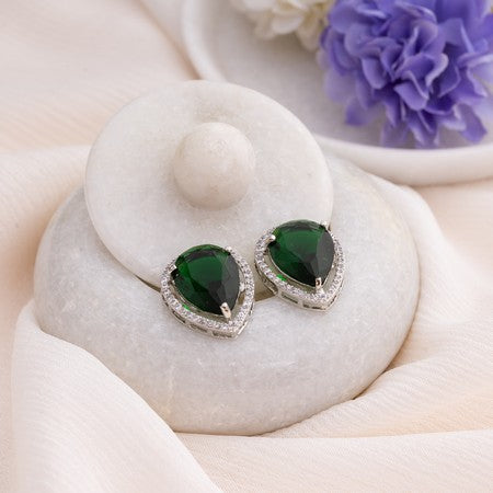 American Diamond Rhodium Plated Studs With Pear Shape CZ Stone