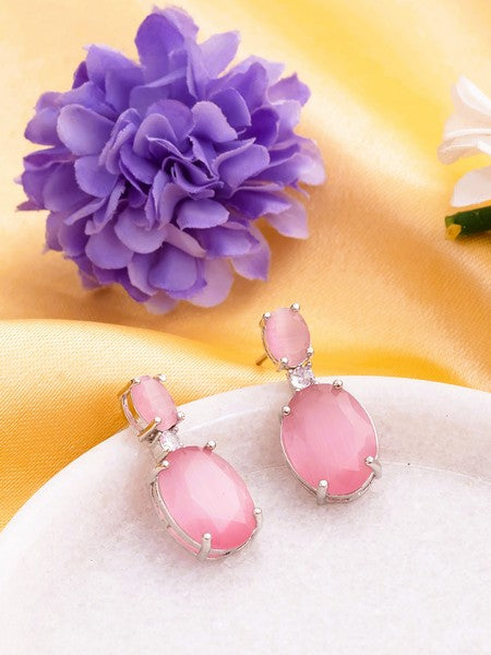 American Diamond Rhodium Plated Oval Shaped Earrings With Hydro CZ Stone
