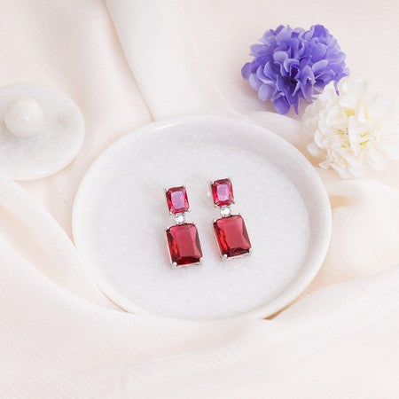 American Diamond Rhodium Plated Box Shape Earrings With Hydro CZ Stone