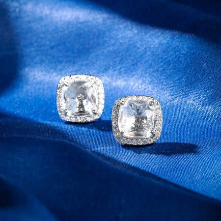 American Diamond Rhodium Plated Earrings Studs with Hydro CZ Stone – Round Cut