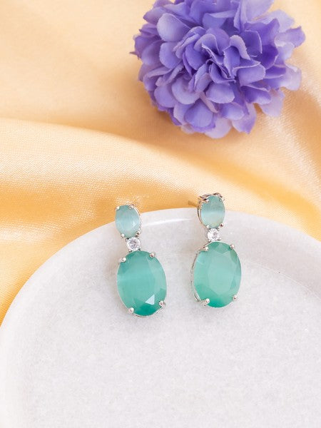 American Diamond Rhodium Plated Oval Shaped Earrings With Hydro CZ Stone