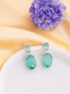 American Diamond Rhodium Plated Oval Shaped Earrings With Hydro CZ Stone