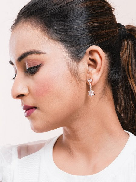 American Diamond Rhodium Plated Star Earrings with Hydro CZ Stone - Celestial Design