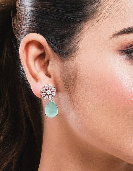American Diamond Rhodium Plated Multi Stone Cluster Earrings With Hydro CZ Stone