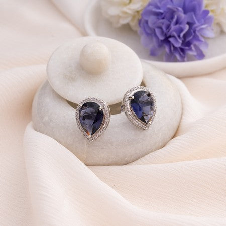 American Diamond Rhodium Plated Studs With Pear Shape CZ Stone
