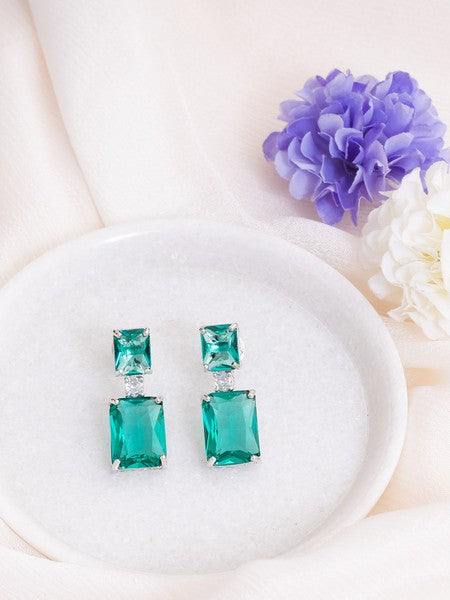 American Diamond Rhodium Plated Box Shape Earrings With Hydro CZ Stone