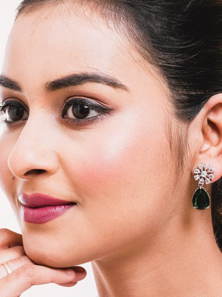 American Diamond Rhodium Plated Multi Stone Cluster Earrings With Hydro CZ Stone
