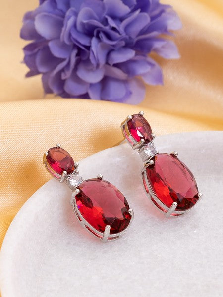 American Diamond Rhodium Plated Oval Shaped Earrings With Hydro CZ Stone