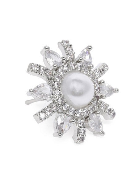 American Diamond Rhodium Plated Studs With Pearls n Cz Stone.