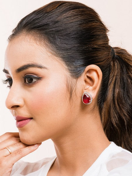 American Diamond Rhodium Plated Studs With Pear Shape CZ Stone