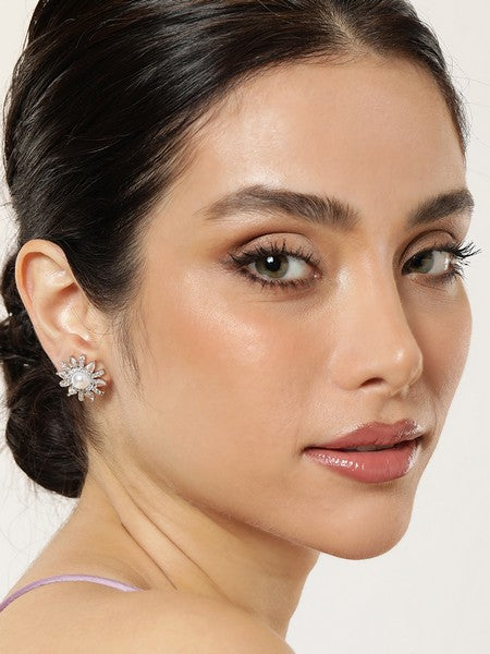 American Diamond Rhodium Plated Studs With Pearls n Cz Stone.