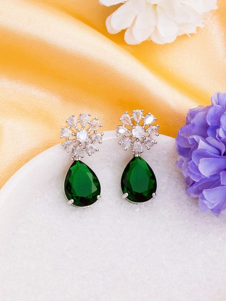 American Diamond Rhodium Plated Multi Stone Cluster Earrings With Hydro CZ Stone